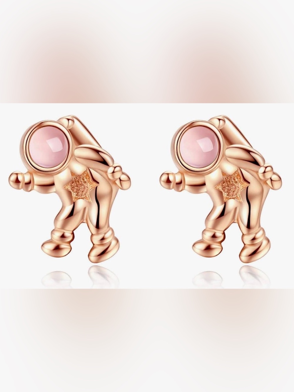 VIKI LYNN Rose Gold Astronaut 925 Sterling Silver CZ Stud Pink Cabochon Earrings